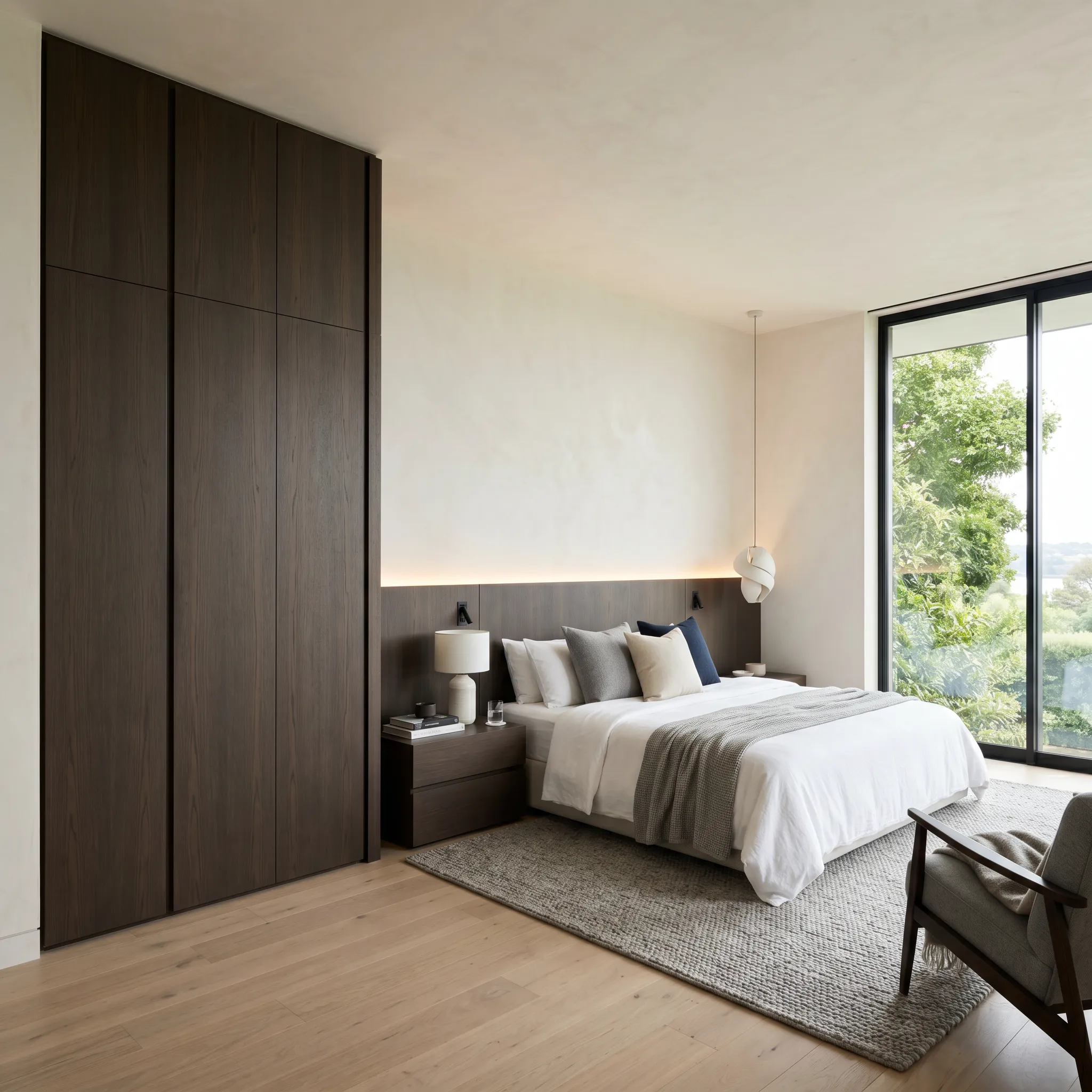 Ein eleganter, deckenhoher Einbauschrank aus dunklem Eichenholz in einem modernen Schlafzimmer.
