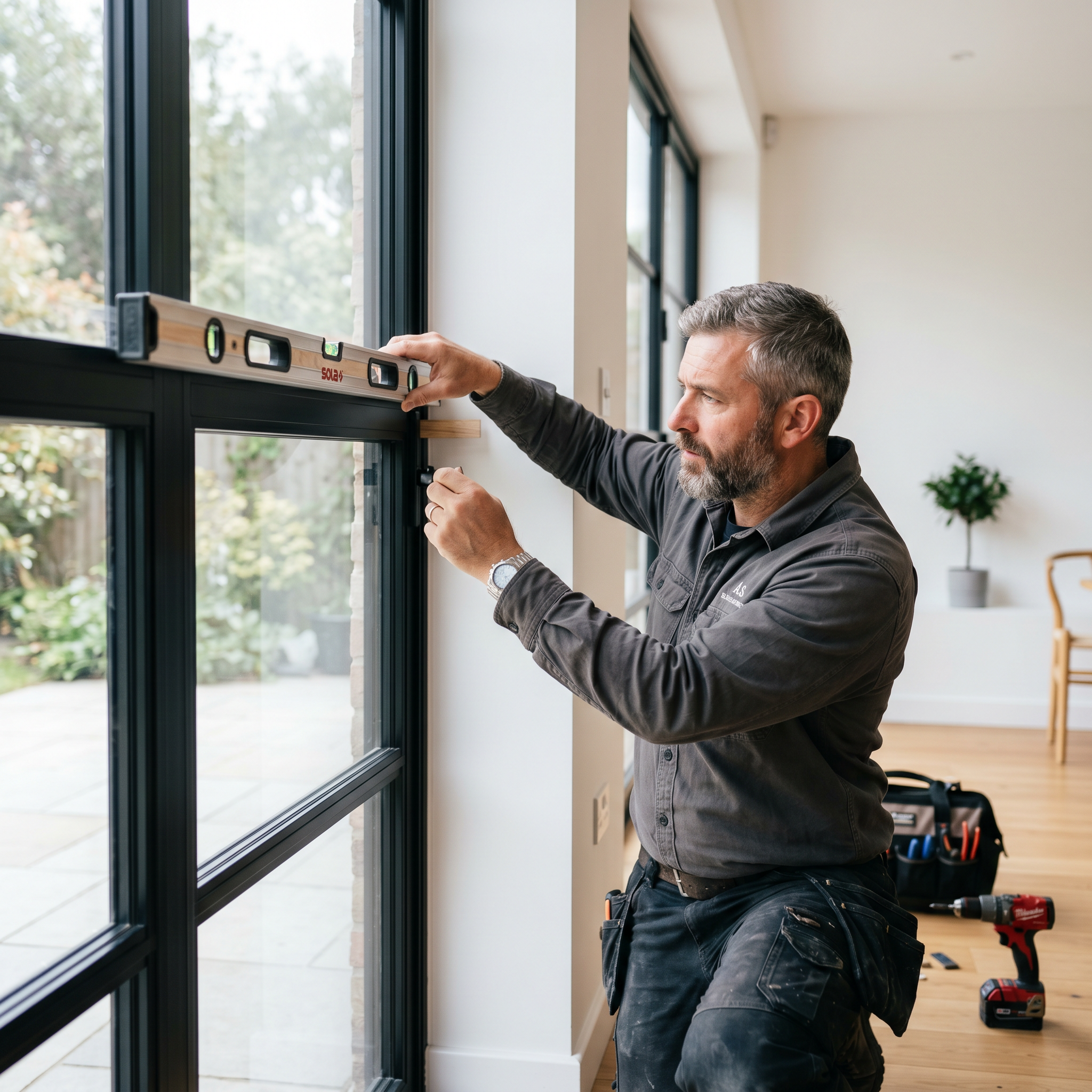 Ein Tischler prüft den passgenauen Einbau eines neuen Fensters mit einer Wasserwaage.