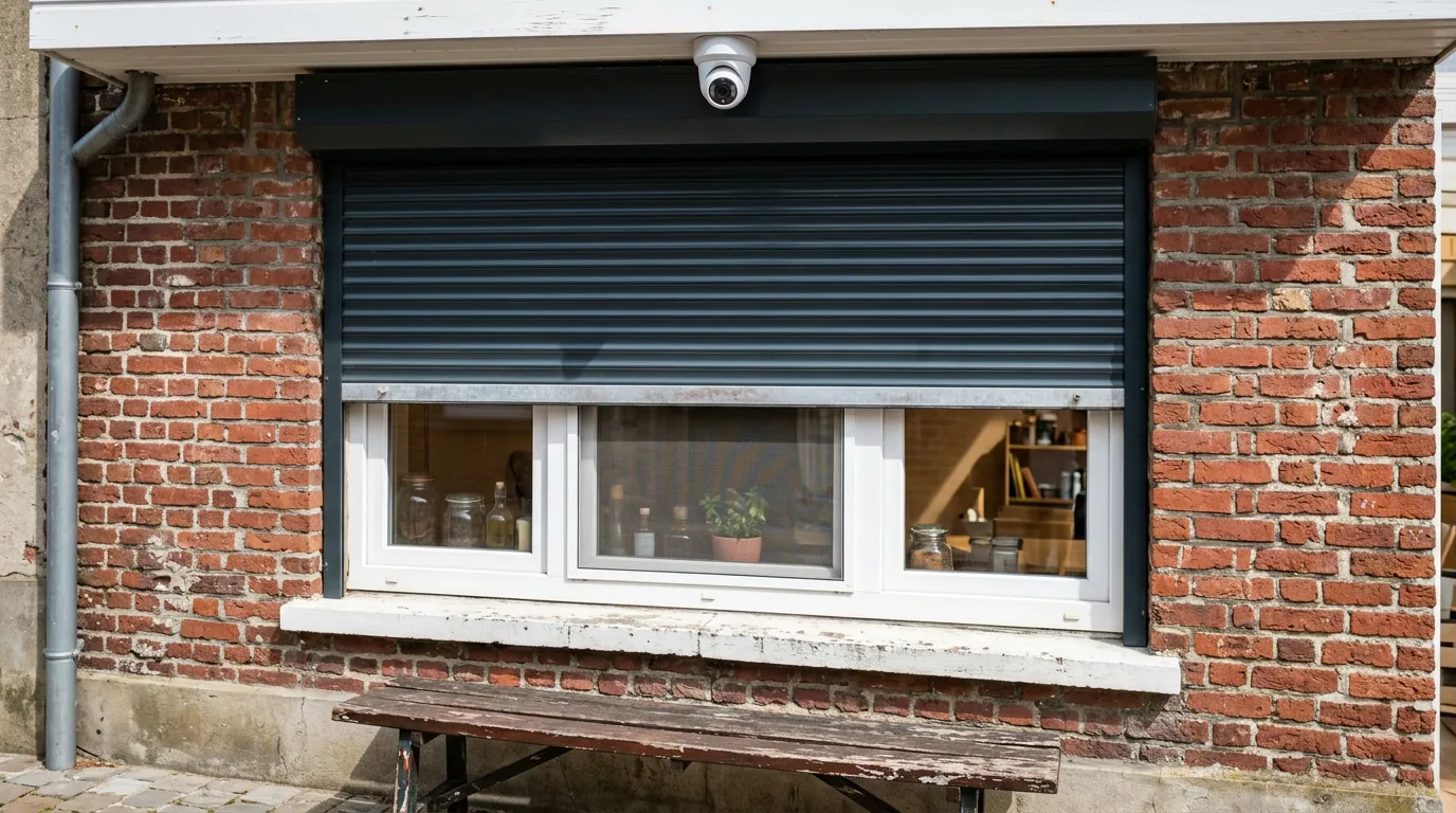 Moderne motorisierte Rollläden in Anthrazit, perfekt integriert in eine Hausfassade über einem Holzfenster.