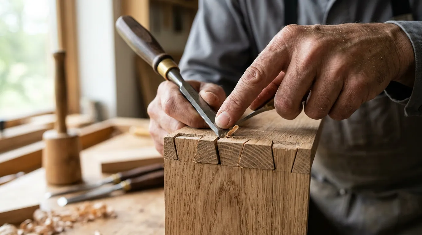 Nahaufnahme einer meisterhaften Zinken-Holzverbindung, die in einer Tischlerwerkstatt von Hand bearbeitet wird.