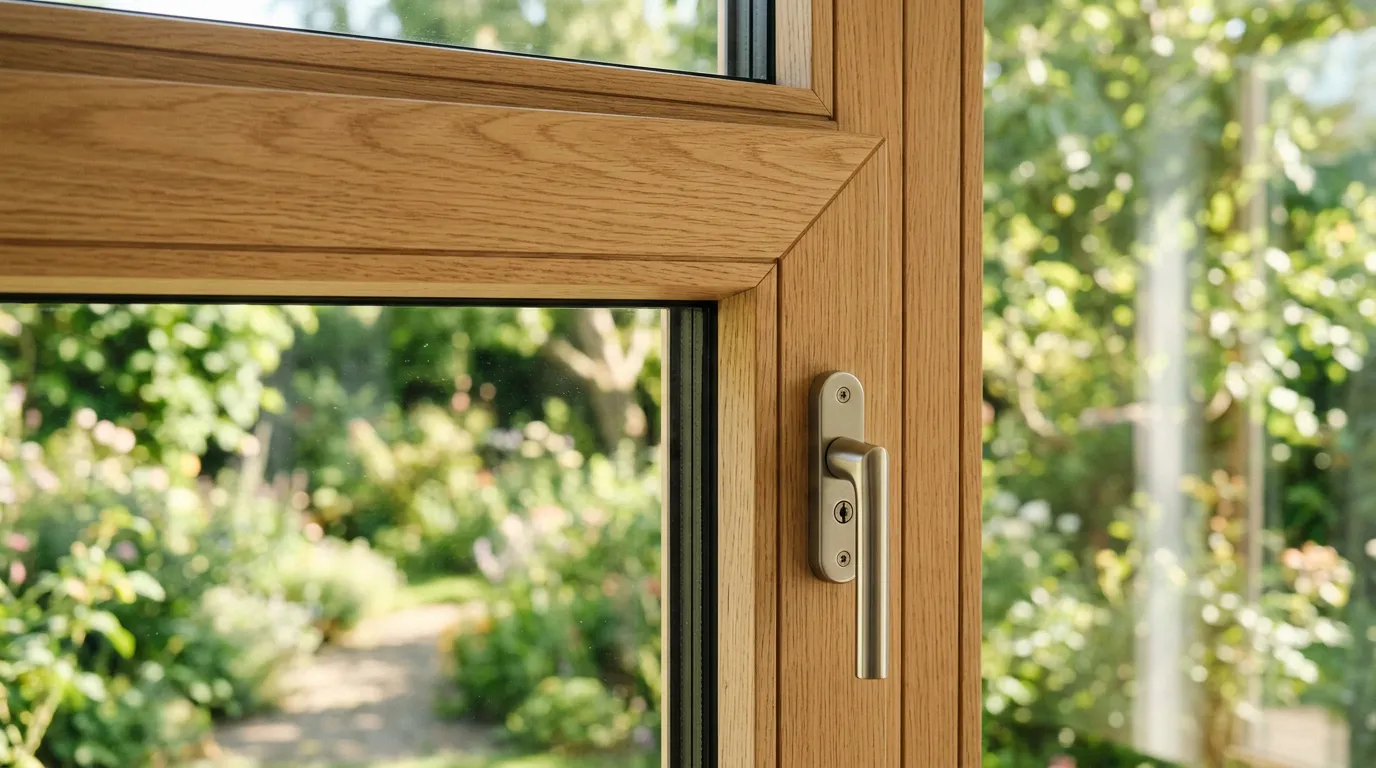 Detailaufnahme eines präzise gefertigten Holzfensterrahmens aus heller Eiche mit Blick in den Garten.